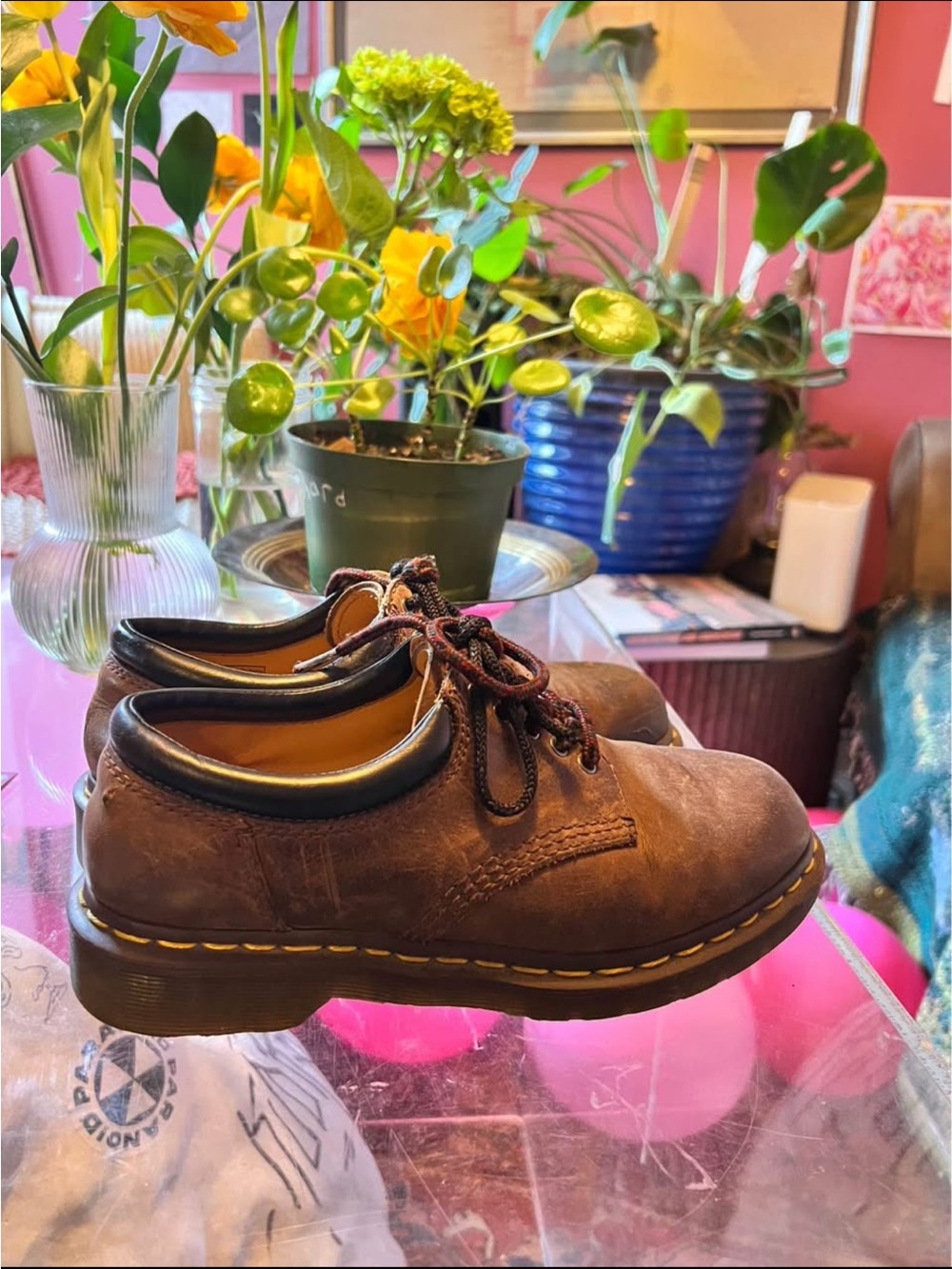 Dr. Martens Brown Leather Shoes with Yellow Stitching